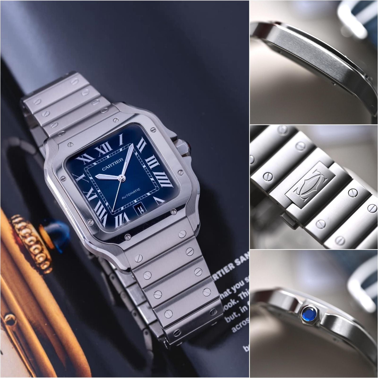 Cartier Santos de Automatic Square Blue Dial Metal Belt Men's Watch
