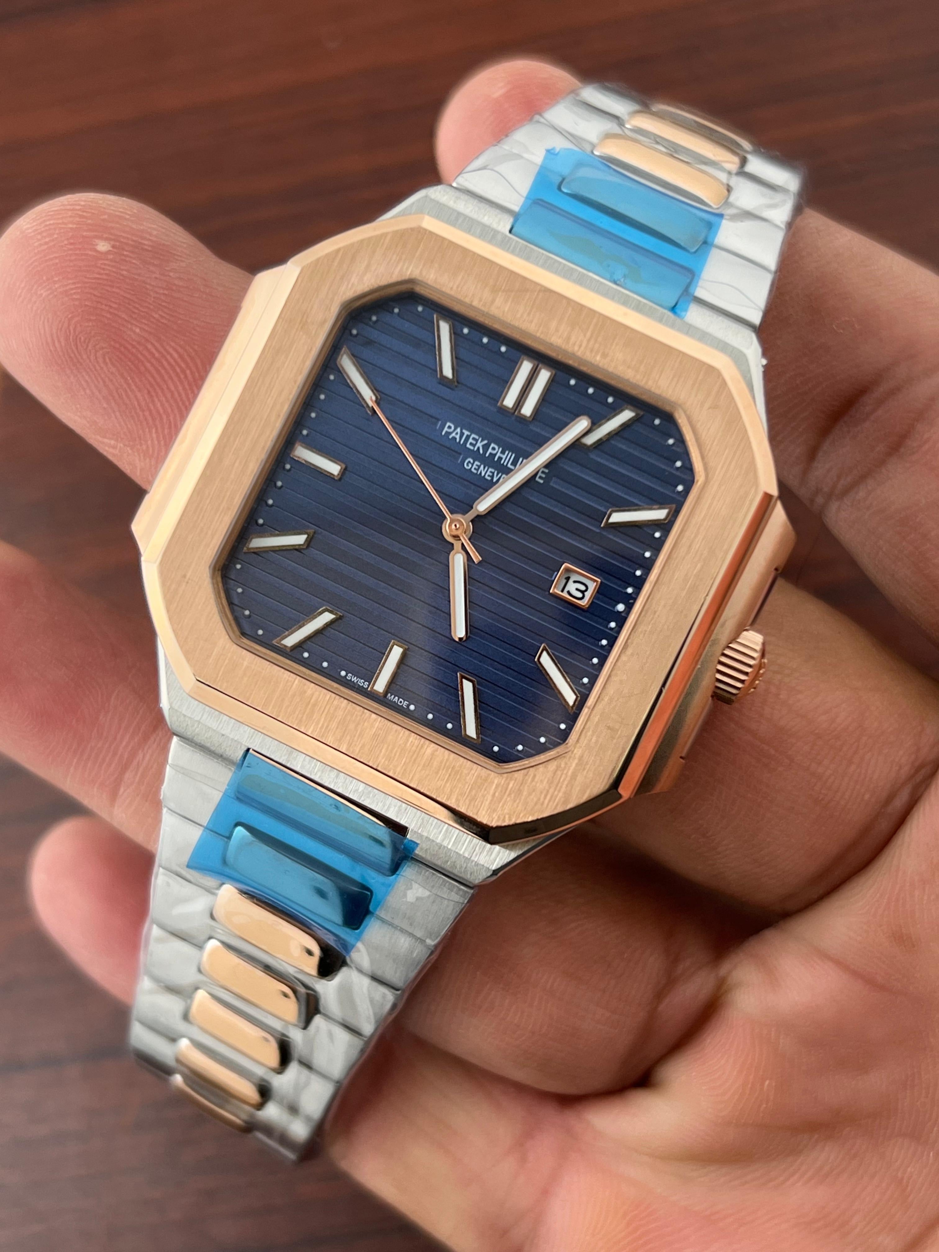 Patek Philippe Square Blue Dial Twotone Metal Belt Quartz Men's Watch