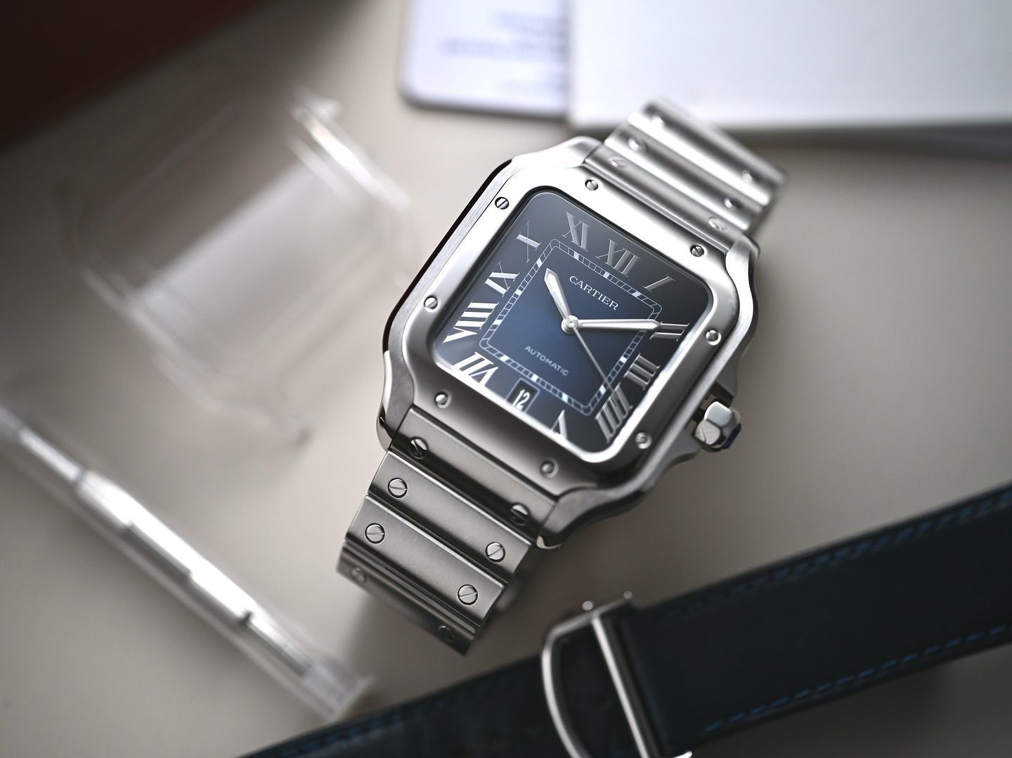 Cartier Santos de Automatic Square Blue Dial Metal Belt Men's Watch