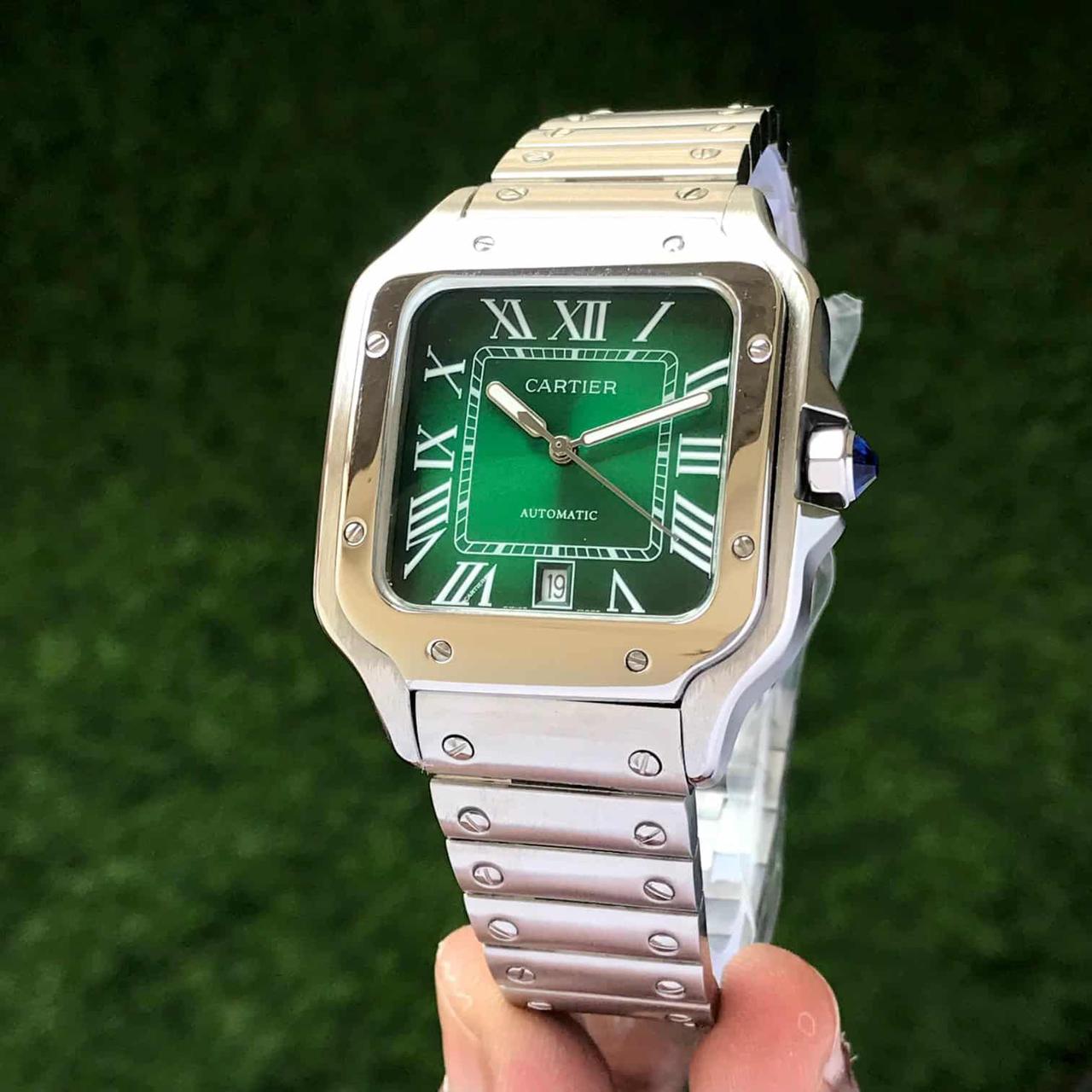 Cartier Santos de Automatic Square Green Dial Metal Belt Watch For Men's