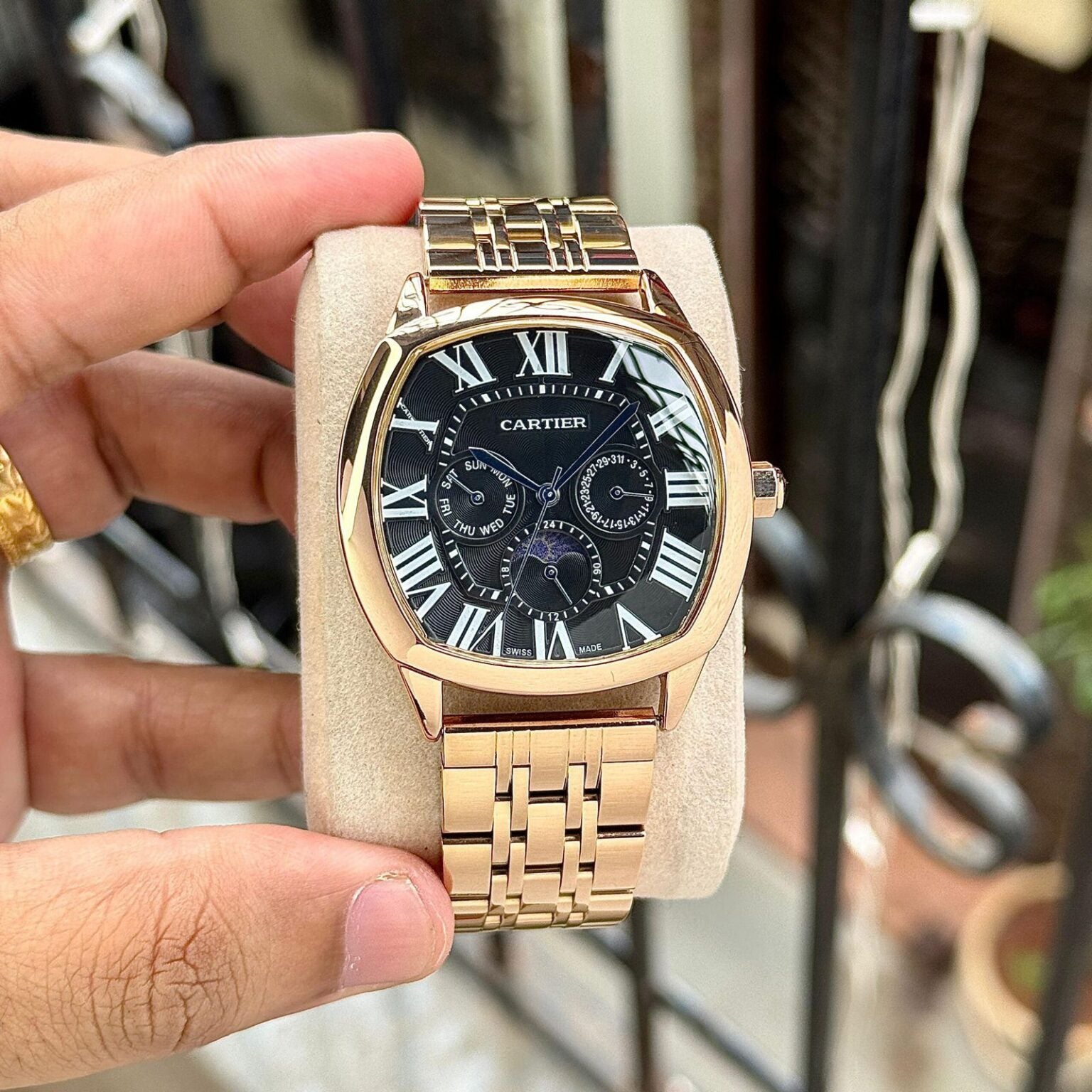 Cartier Santos de Chronograph Black Square Dial Metal Belt Men's Watch