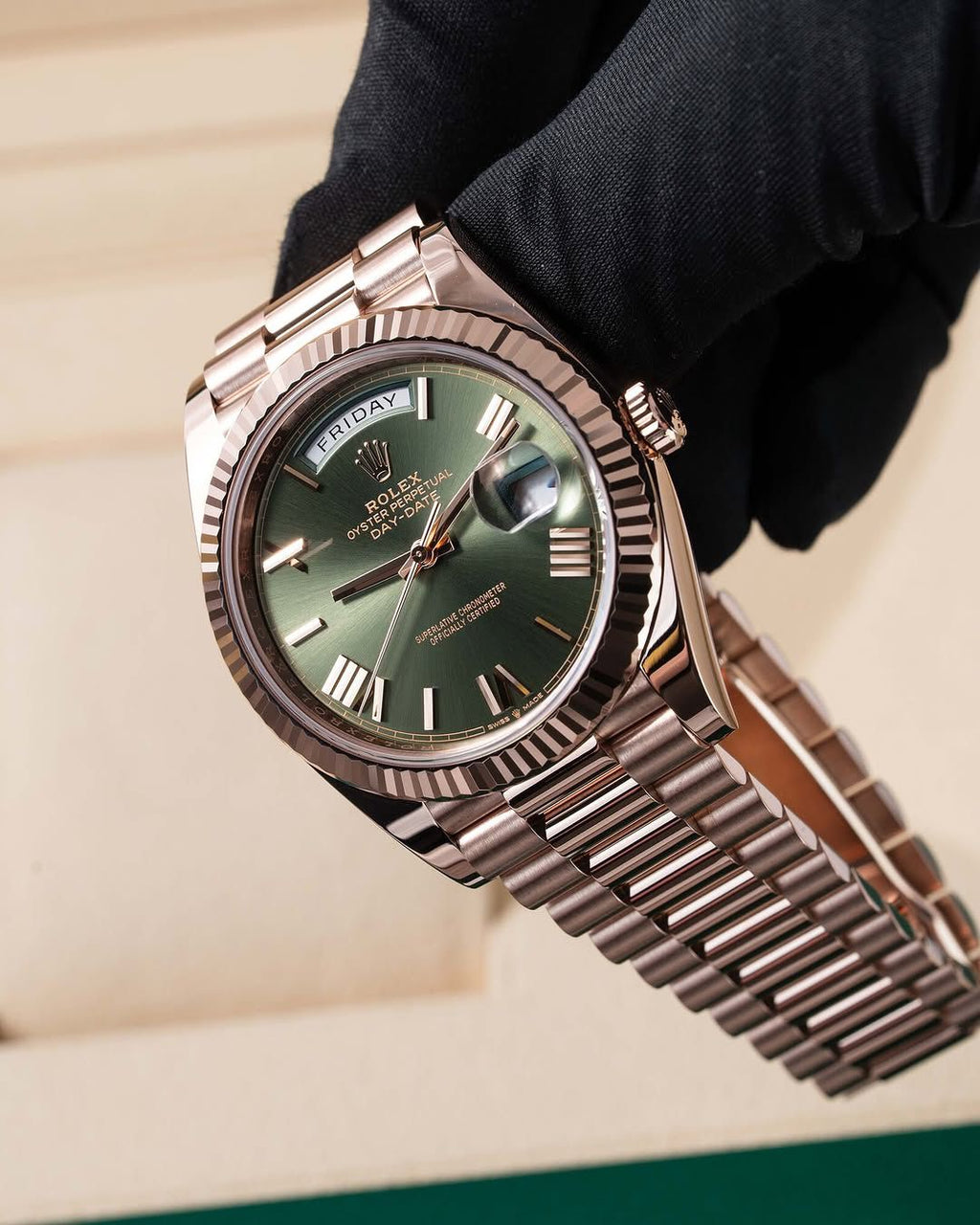 Rolex Automatic Golden Green Dial Analog Chain Metal Round Men's Watch