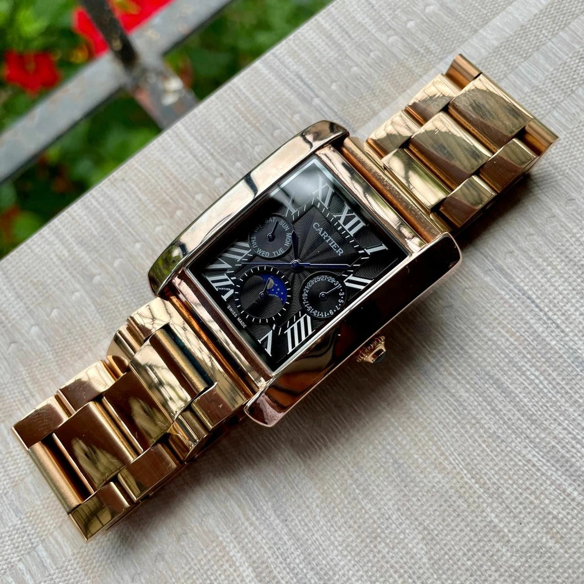 Cartier Tank Day-Date Moon Phase Black Dial Rose Gold Metal Belt Men's Watch