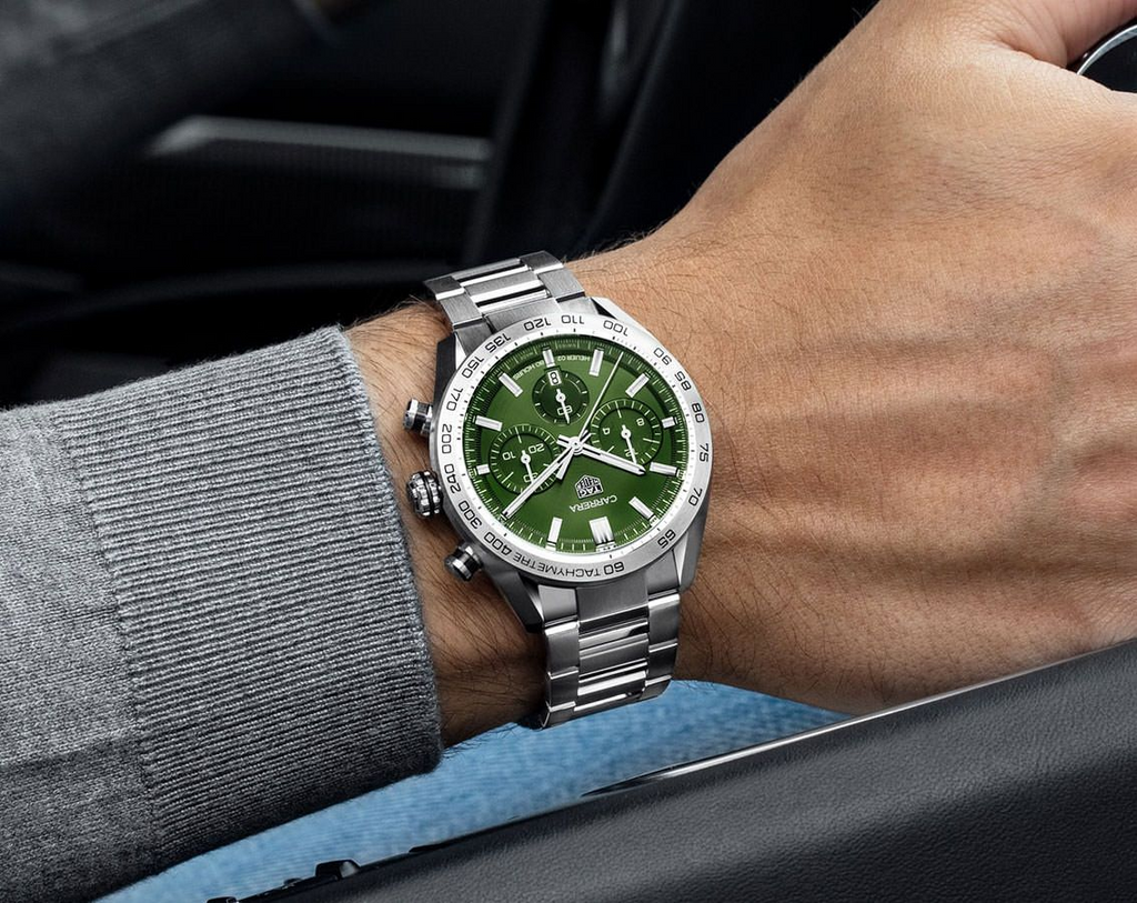 Tag Heuer Carrera Tachymeter Chronograph Green Dial Metal Belt Watch For Men's