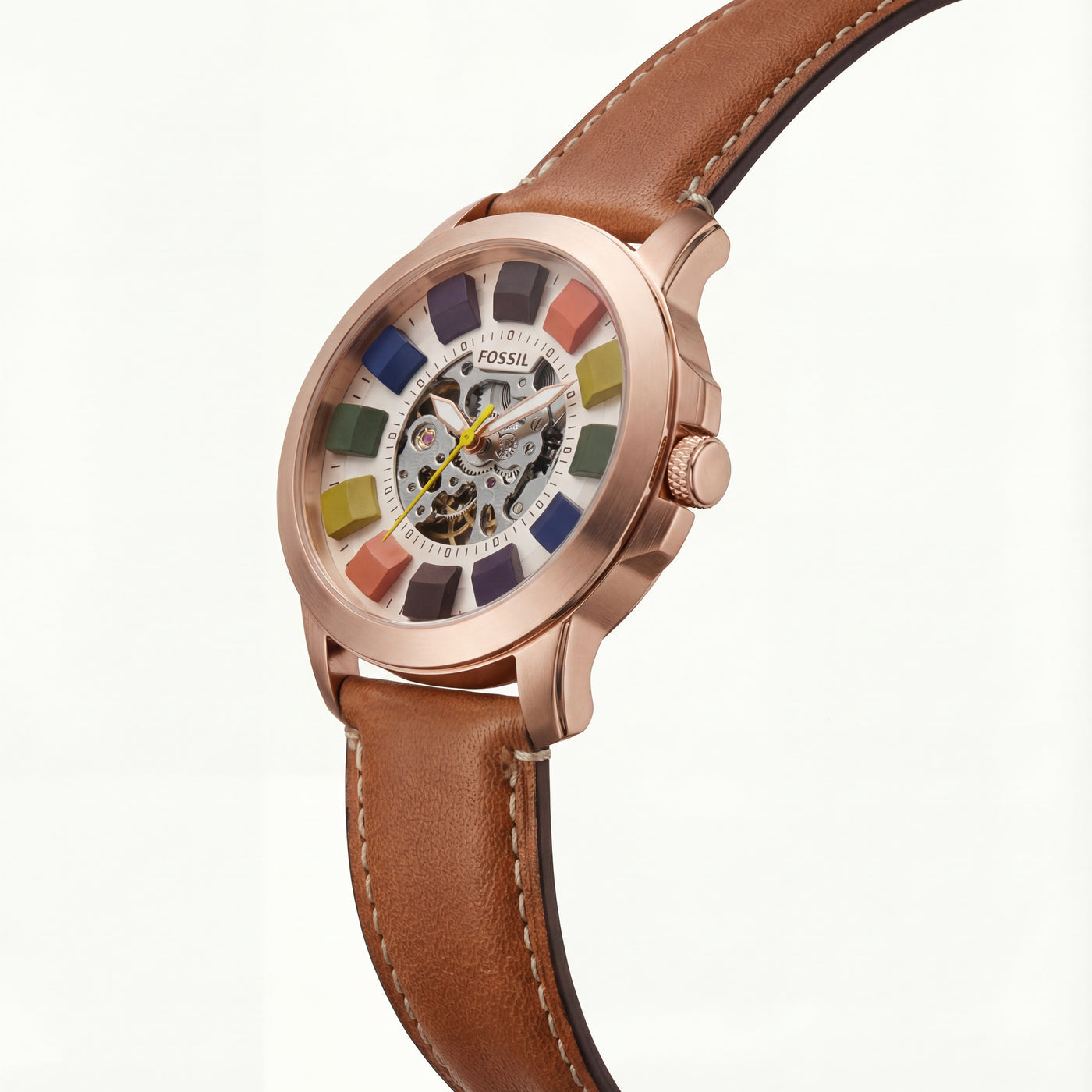Fossil Multicolour Skeleton Grant White Dial Leather Belt Men's Watch
