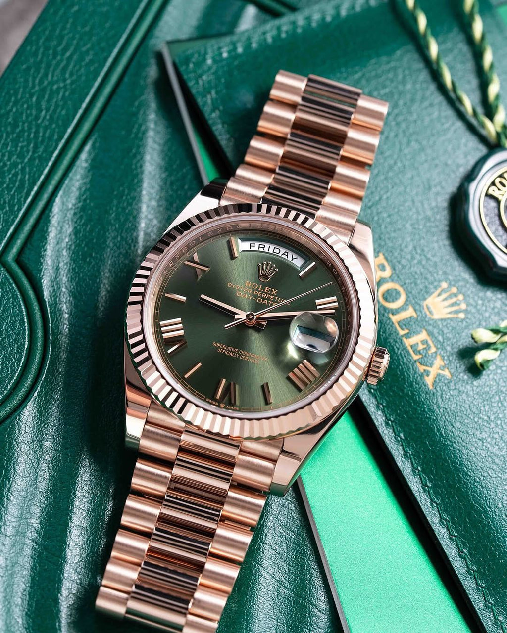 Rolex Automatic Golden Green Dial Analog Chain Metal Round Men's Watch