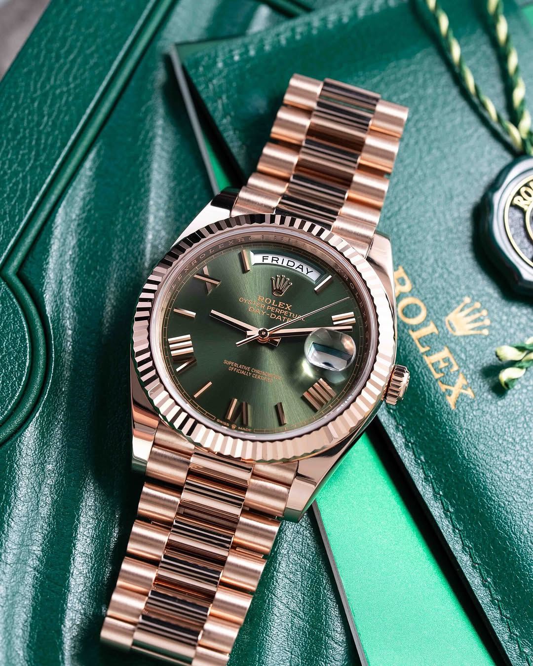 Rolex Automatic Golden Green Dial Analog Chain Metal Round Men's Watch