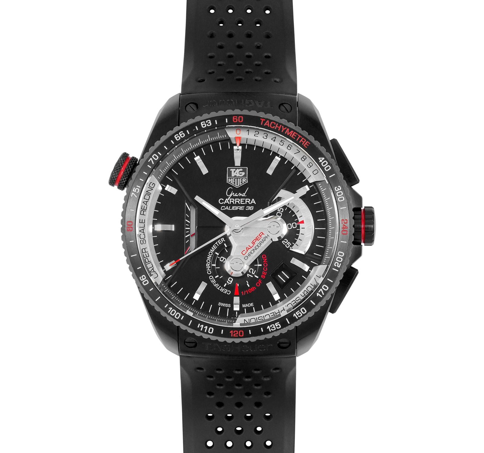 Tag Heuer Carrera Calibre 36 Chronograph Black Dial Silicon Belt Men's Watch