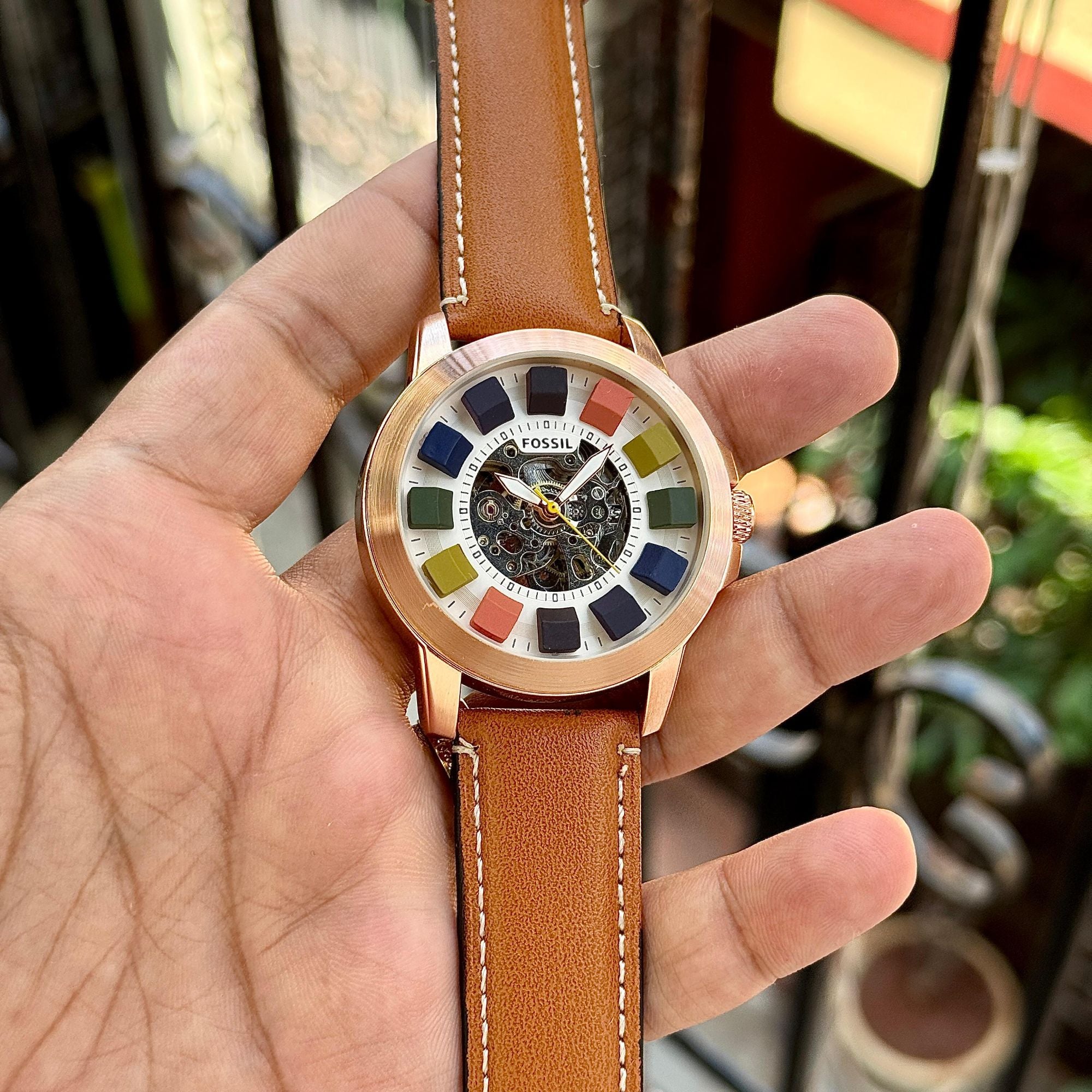 Fossil Multicolour Skeleton Grant White Dial Leather Belt Men's Watch