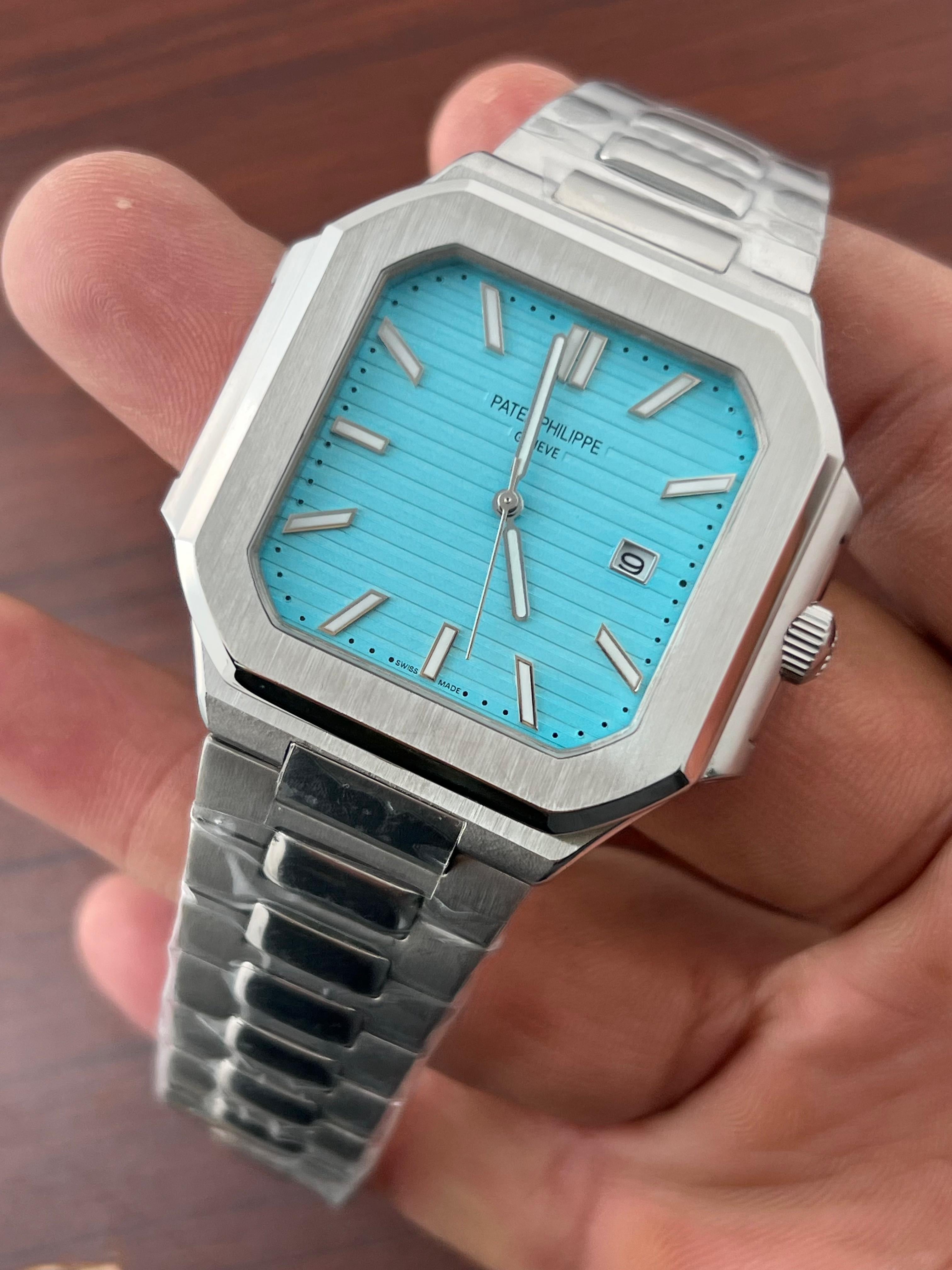 Patek Philippe Square Sky Blue Dial Silver Metal Belt Quartz Men's Watch