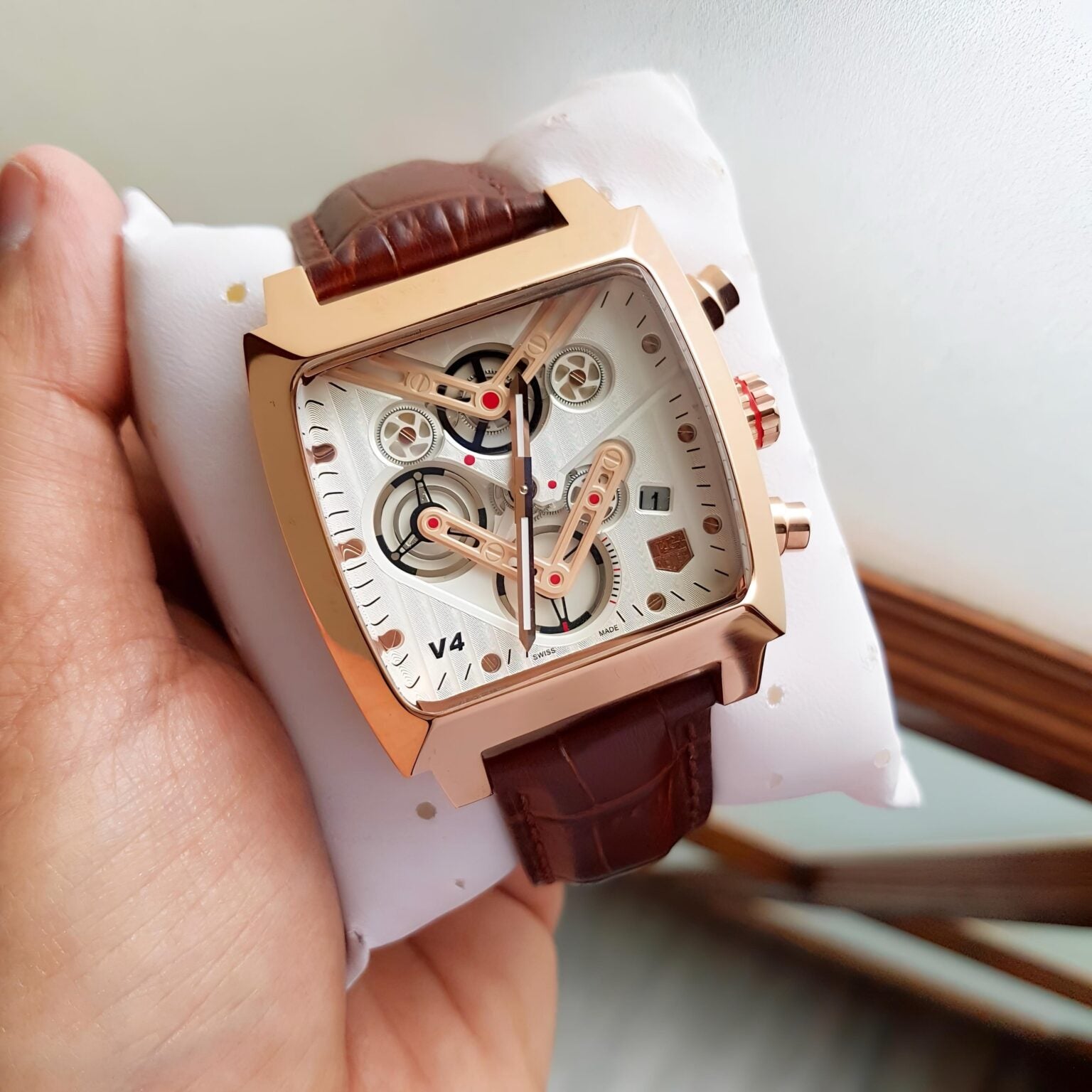 T-a-g H-e-u-e-r Monaco V4 Chronograph Brown Leather Belt Men's Watch