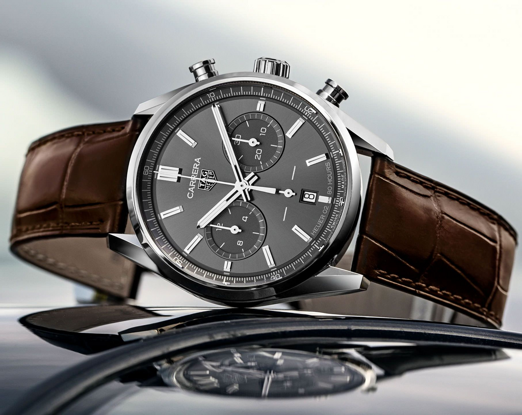 Tag Heuer Carrera Chronograph Grey Dial Brown Leather Strap Watch for Men