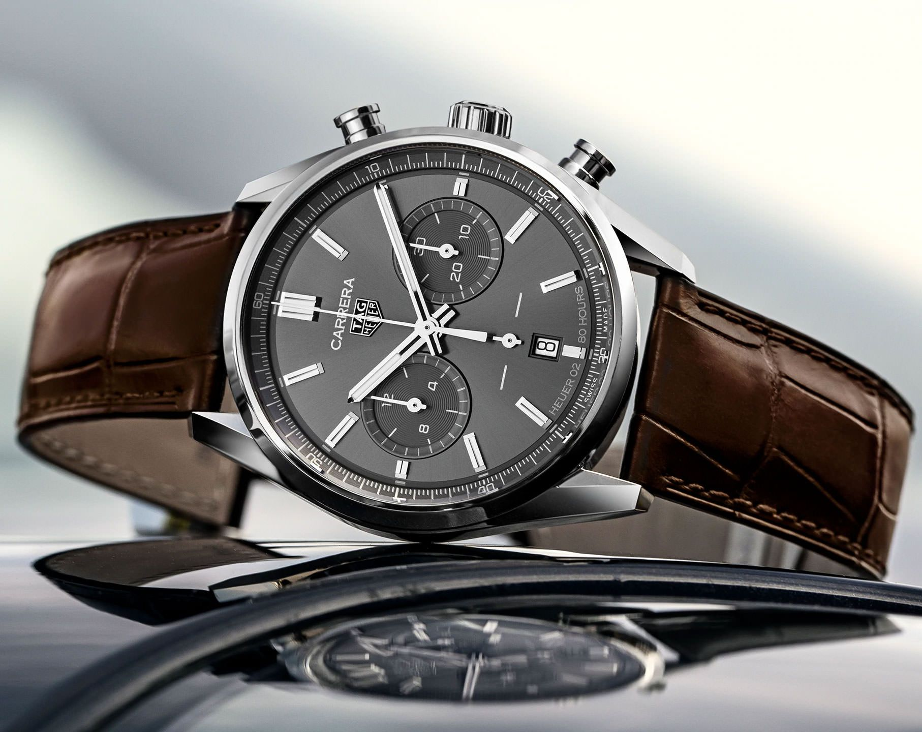 Tag Heuer Carrera Chronograph Grey Dial Brown Leather Strap Watch for Men