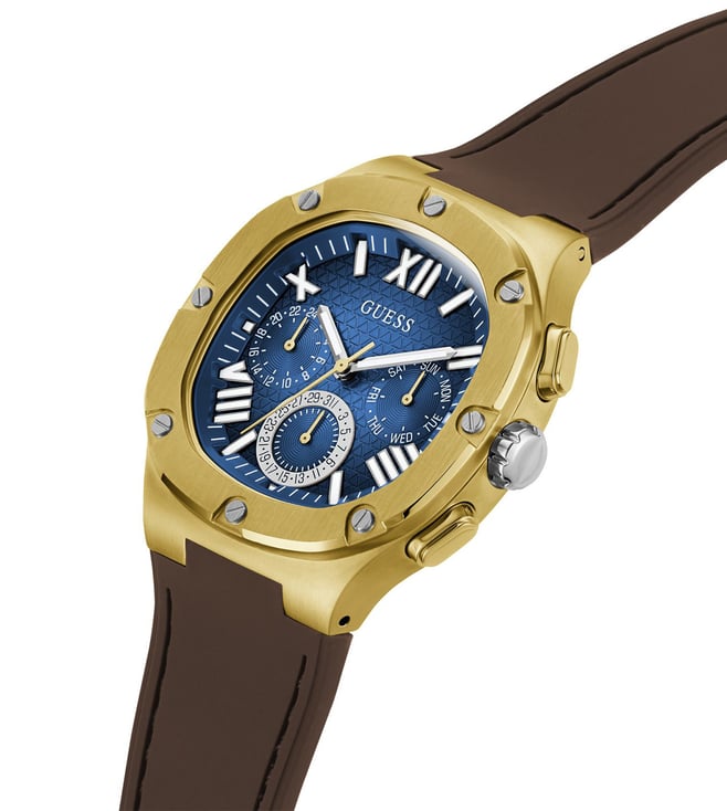 Guess Chronograph Blue Dial Brown Silicone Men's Watch