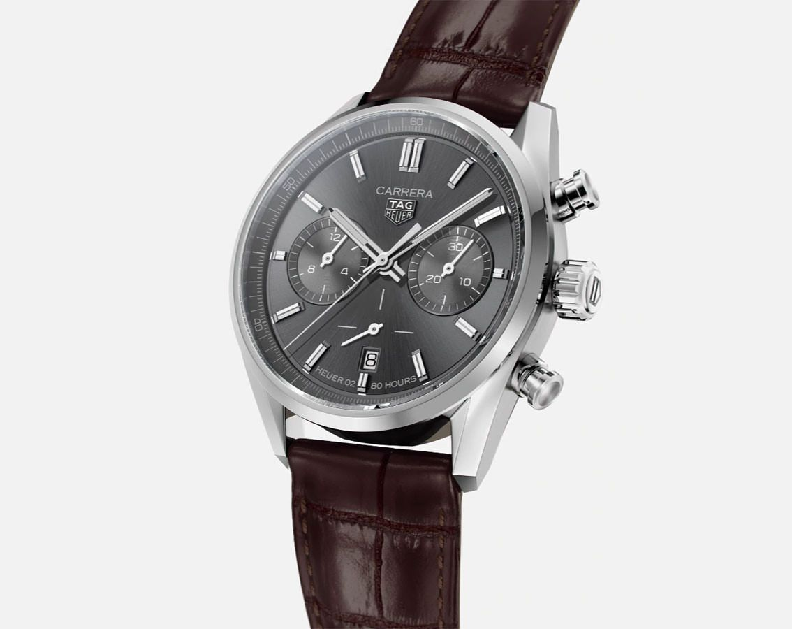 Tag Heuer Carrera Chronograph Grey Dial Brown Leather Strap Watch for Men