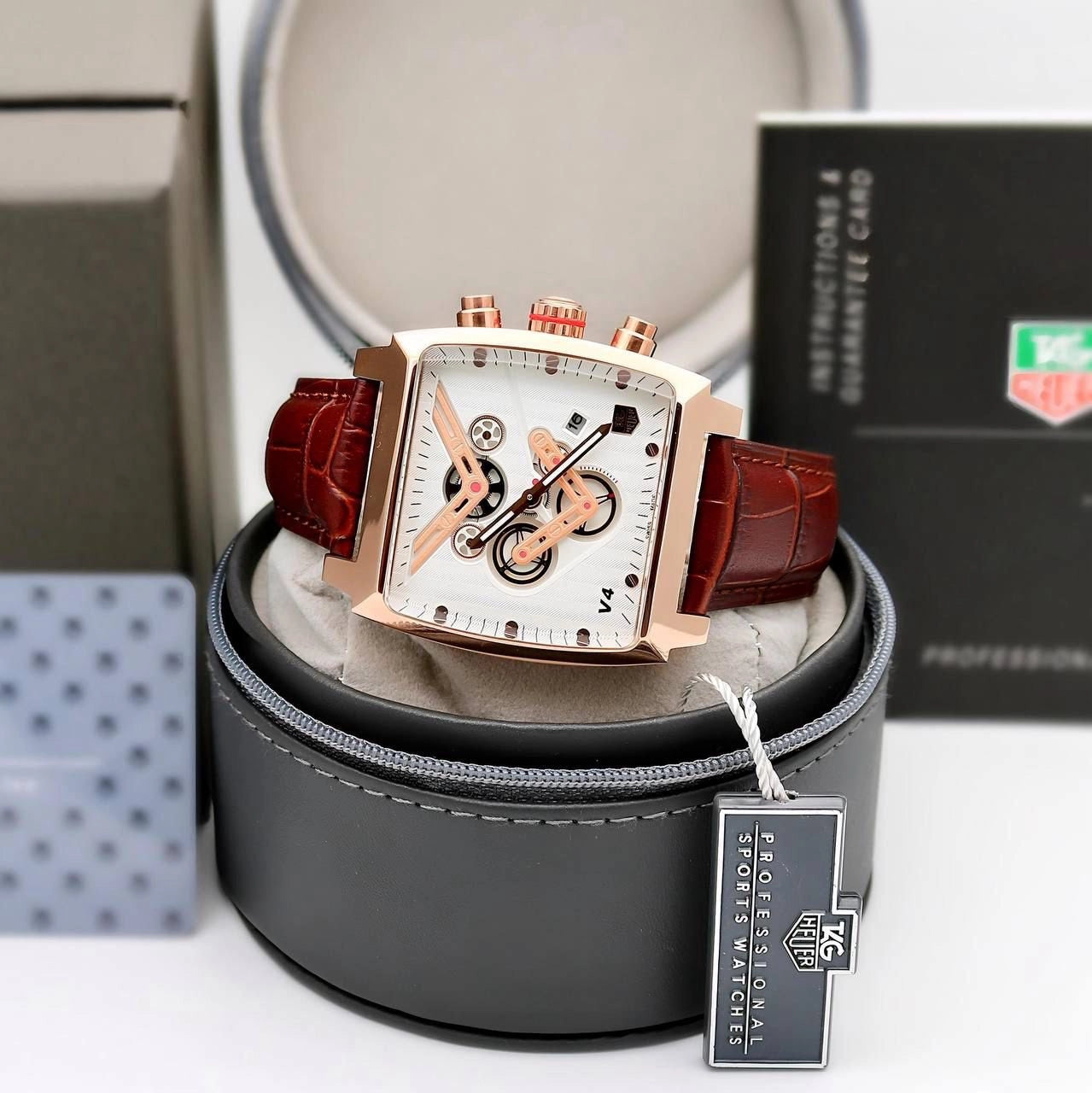 T-a-g H-e-u-e-r Monaco V4 Chronograph Brown Leather Belt Men's Watch