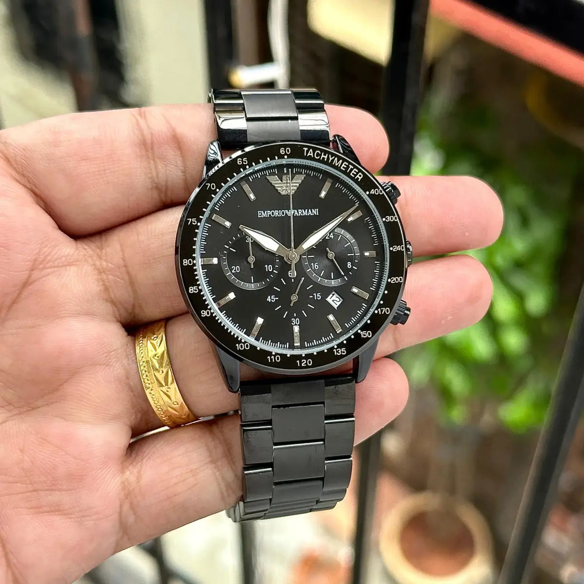 Emporio Armani Black Dial Chronograph Analog Metal Belt Men's Watch