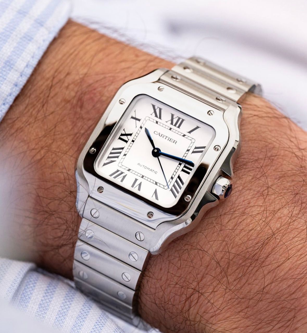 Cartier Santos de Automatic Square White Dial Metal Belt Men's Watch