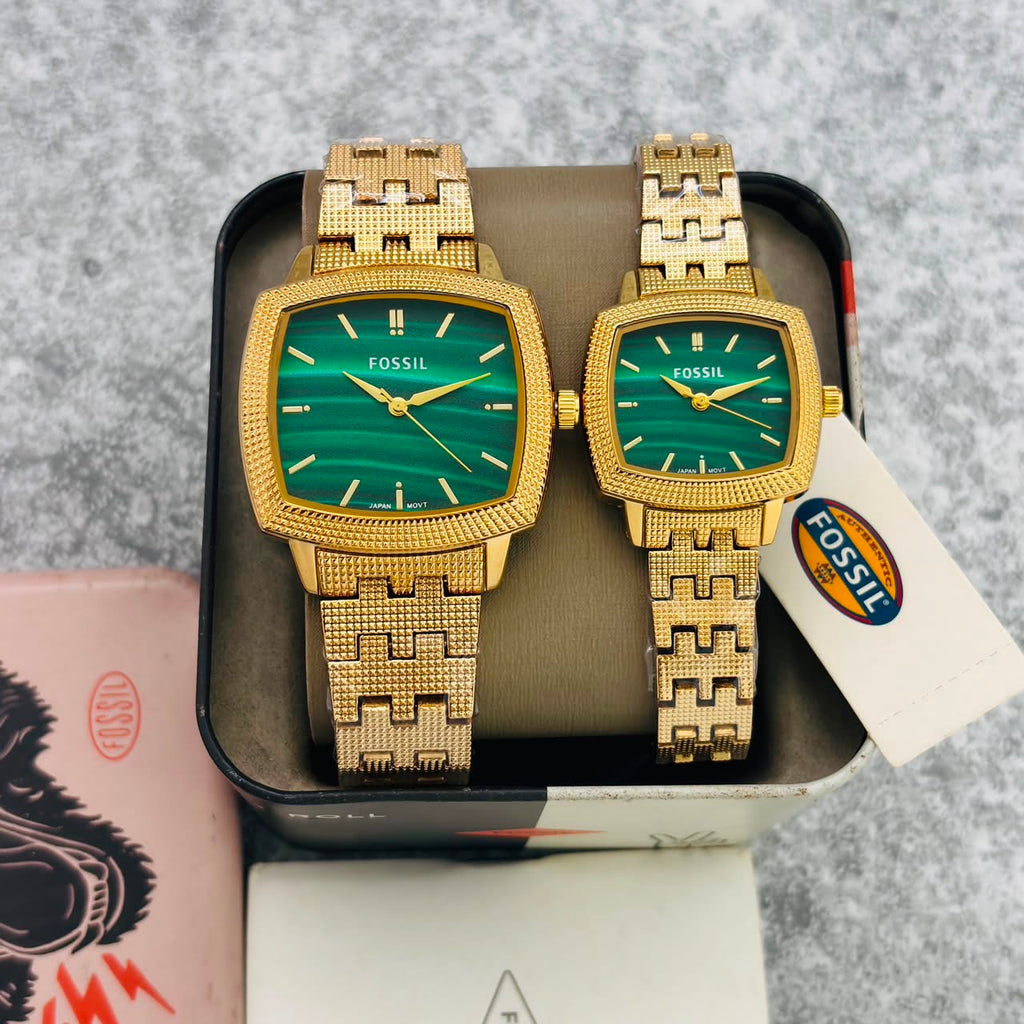 Fossil Nick Jonas Green Dial Metal Belt Couple Watch
