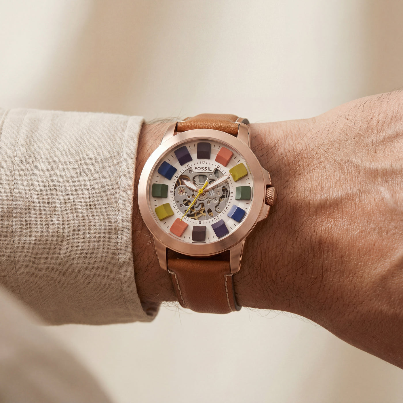 Fossil Multicolour Skeleton Grant White Dial Leather Belt Men's Watch