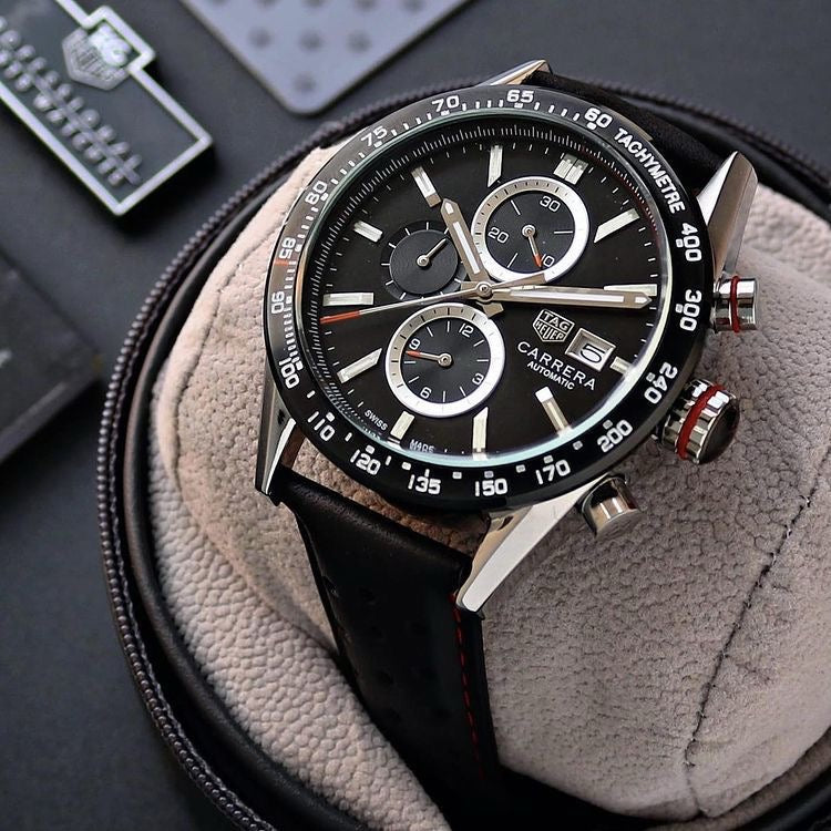 Tag Heuer Carrera Tachymeter Chronograph Black Dial Leather Belt Analog Men's Watch