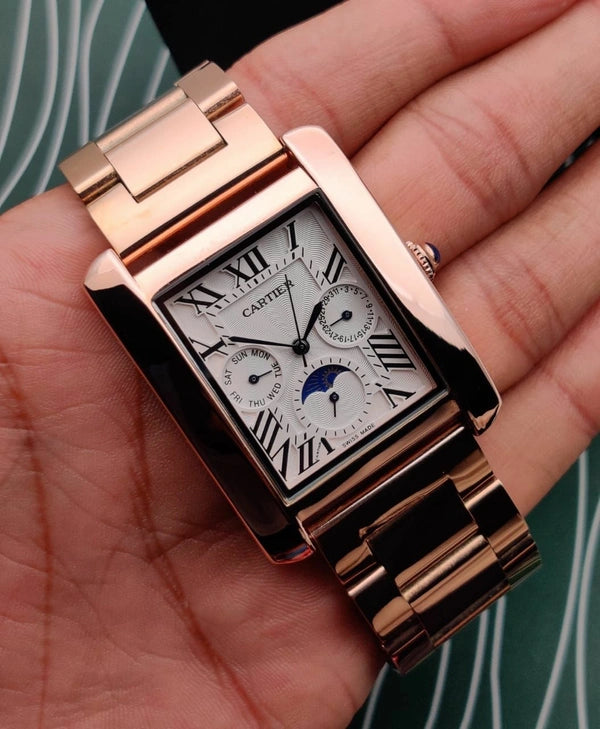 Cartier Tank Day-Date Moon Phase White Dial Rose Gold Metal Belt Men's Watch