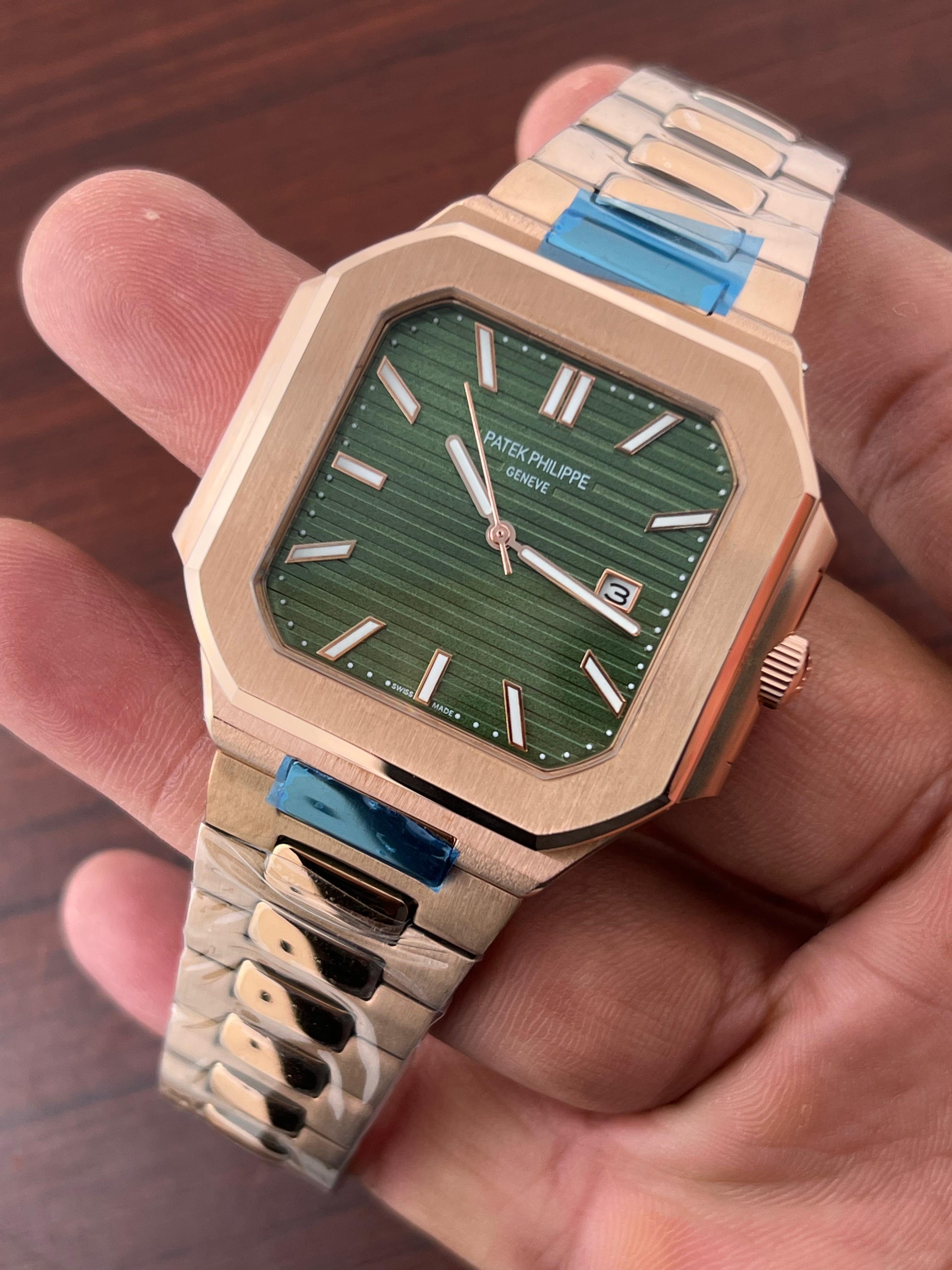 Patek Philippe Square Green Dial Rosegold Metal Belt Quartz Men's Watch