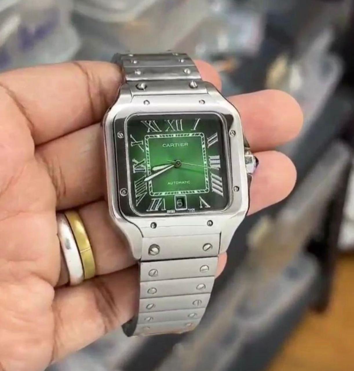 Cartier Santos de Automatic Square Green Dial Metal Belt Watch For Men's