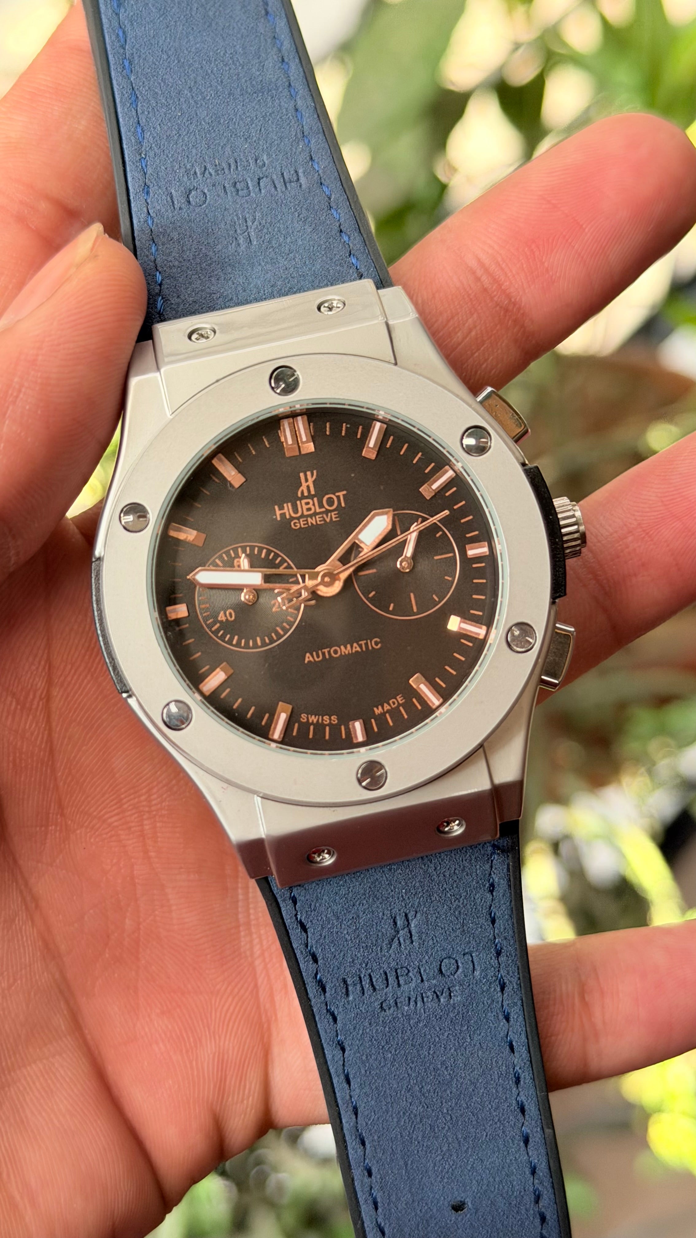 Hu-blot Black Rose Gold Dial Chronograph Blue Leather Belt Watch For Men's
