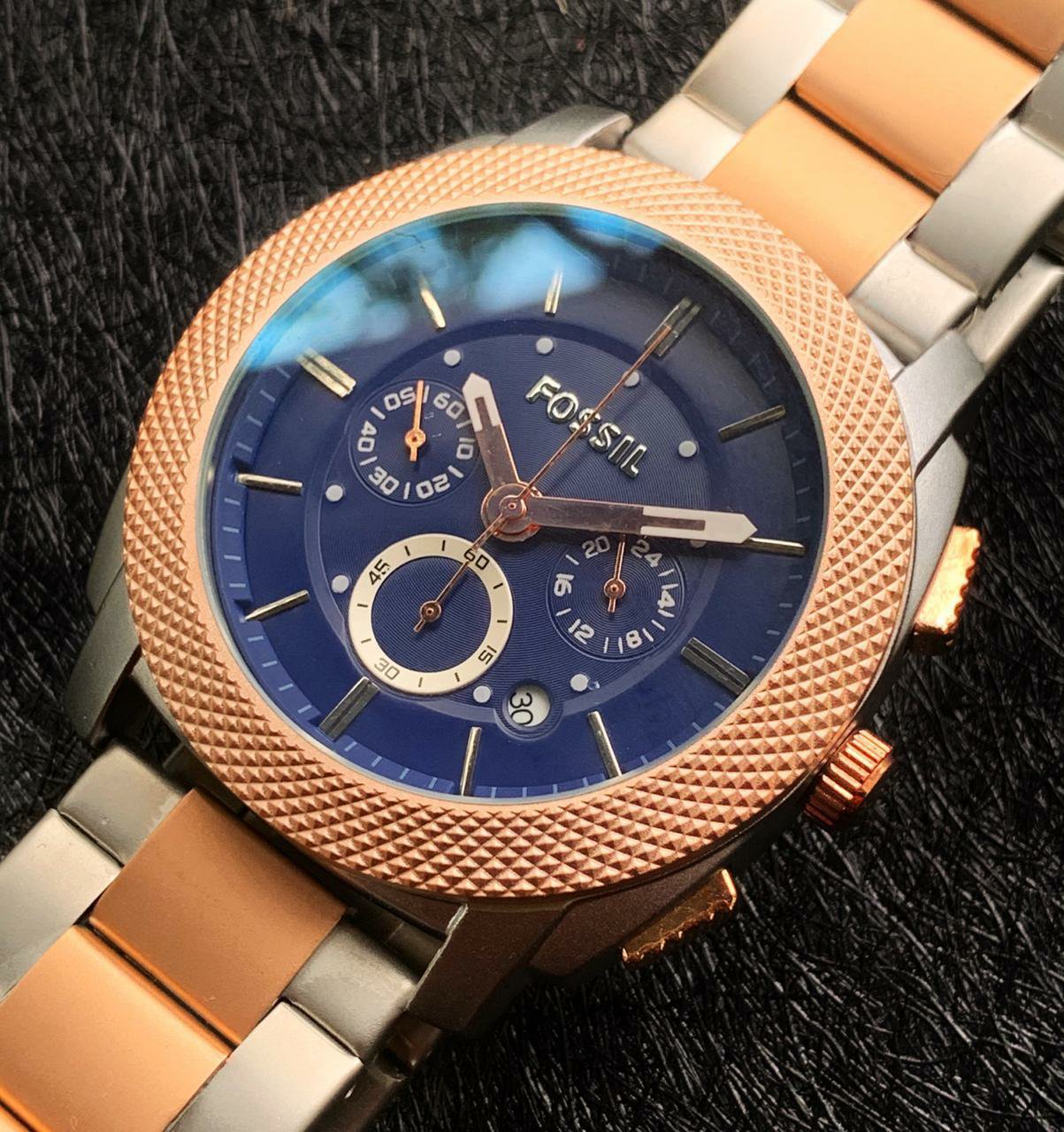 Fossil FS5037 Chronograph Blue Dial Two-tone Metal Belt Men's Watch