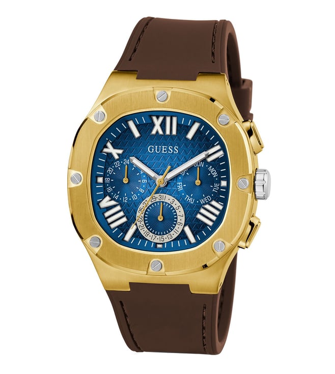 Guess Chronograph Blue Dial Brown Silicone Men's Watch