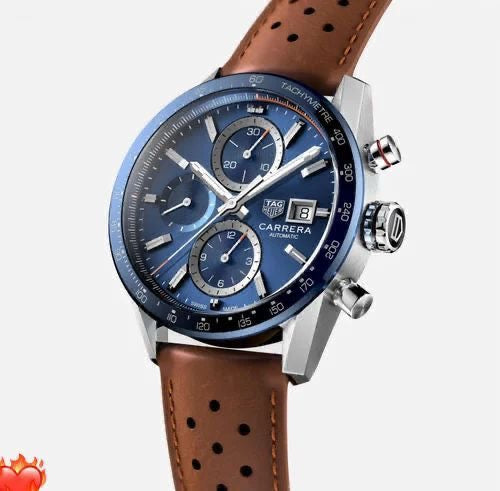 Tag Heuer Carrera Tachymeter Chronograph Blue Dial Leather Belt Analog Men's Watch