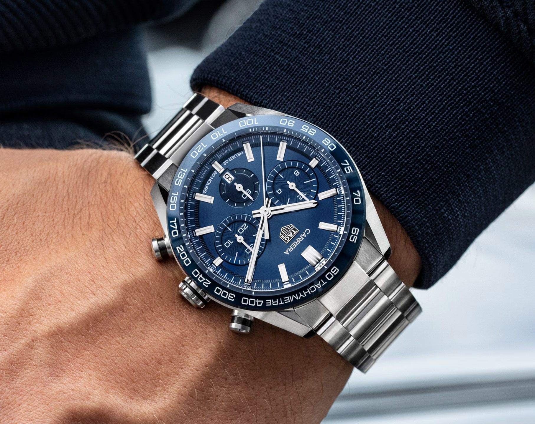 Tag Heuer Carrera Tachymeter Chronograph Blue Dial Metal Belt Watch For Men's