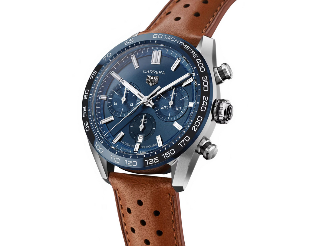 Tag Heuer Carrera Tachymeter Chronograph Blue Dial Leather Belt Watch For Men's