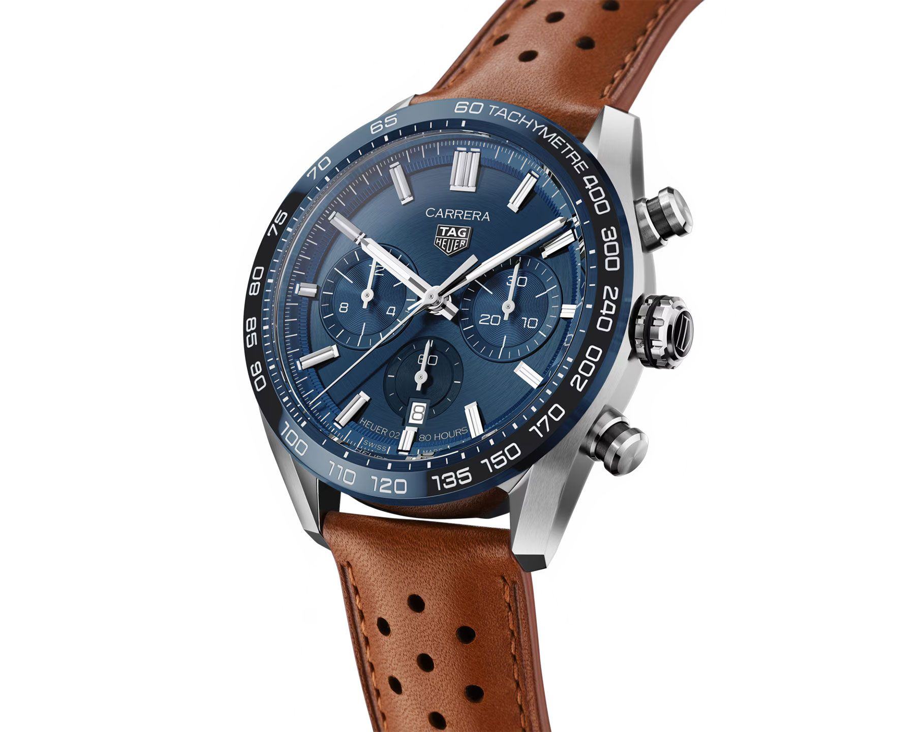 Tag Heuer Carrera Tachymeter Chronograph Blue Dial Leather Belt Watch For Men's