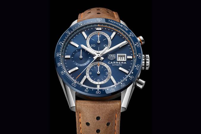 Tag Heuer Carrera Tachymeter Chronograph Blue Dial Leather Belt Analog Men's Watch