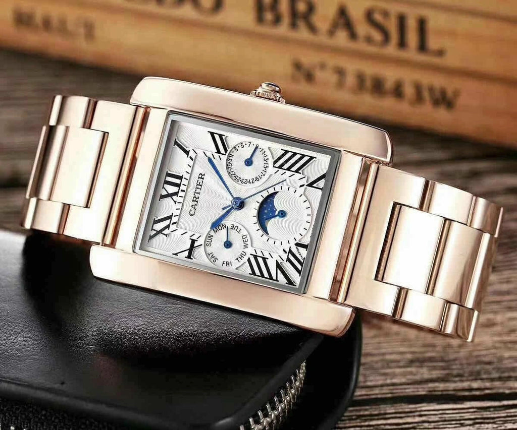 Cartier Tank Day-Date Moon Phase White Dial Rose Gold Metal Belt Men's Watch