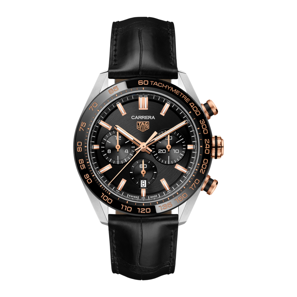 Tag Heuer Carrera Tachymeter Chronograph Black Dial Leather Belt Watch For Men's