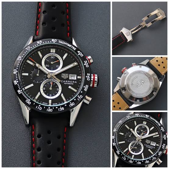 Tag Heuer Carrera Tachymeter Chronograph Black Dial Leather Belt Analog Men's Watch