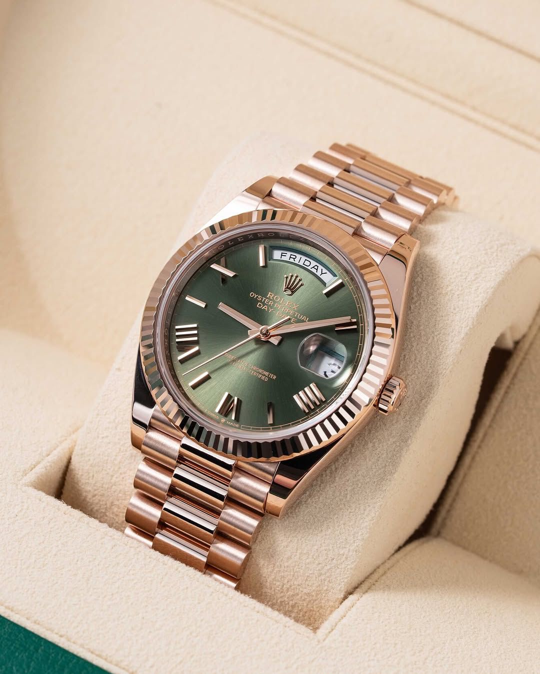 Rolex Automatic Golden Green Dial Analog Chain Metal Round Men's Watch