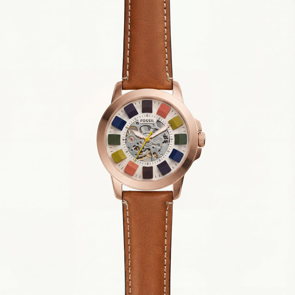 Fossil Multicolour Skeleton Grant White Dial Leather Belt Men's Watch