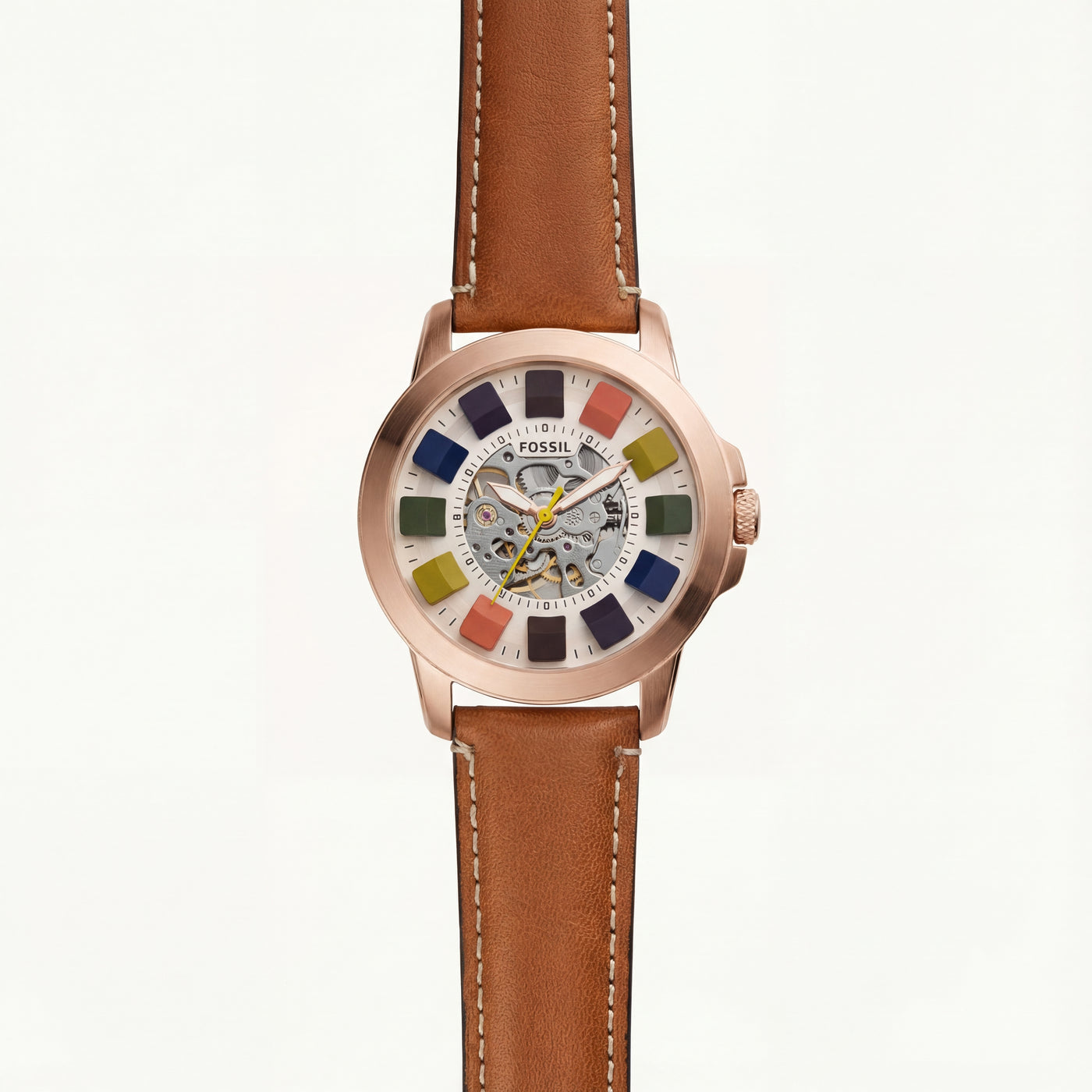 Fossil Multicolour Skeleton Grant White Dial Leather Belt Men's Watch