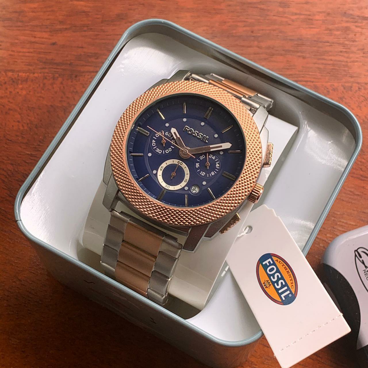 Fossil FS5037 Chronograph Blue Dial Two-tone Metal Belt Men's Watch