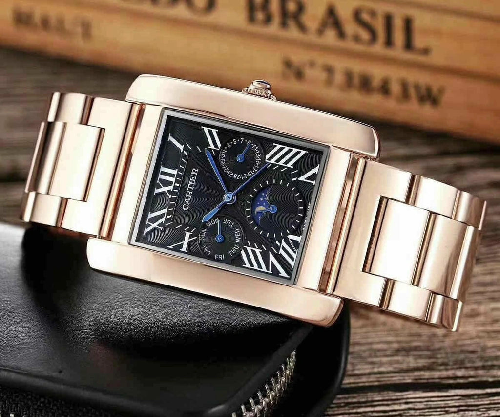 Cartier Tank Day-Date Moon Phase Black Dial Rose Gold Metal Belt Men's Watch