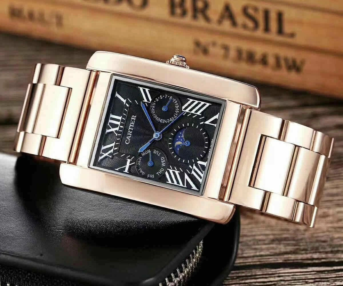 Cartier Tank Day-Date Moon Phase Black Dial Rose Gold Metal Belt Men's Watch