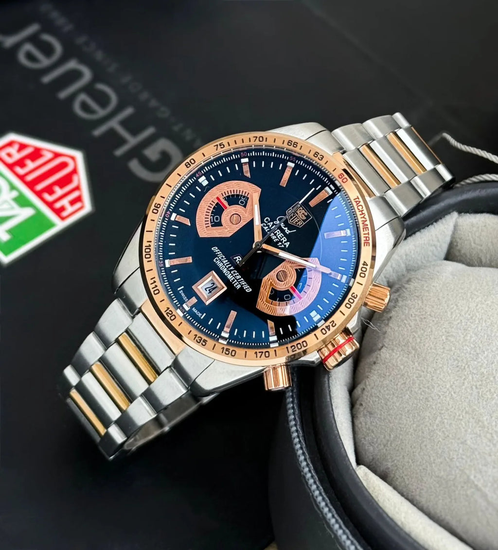 Tag Heuer Grand Carrera Calibre 17 Chronograph Black Dial Twotone Metal Belt Men's Watch
