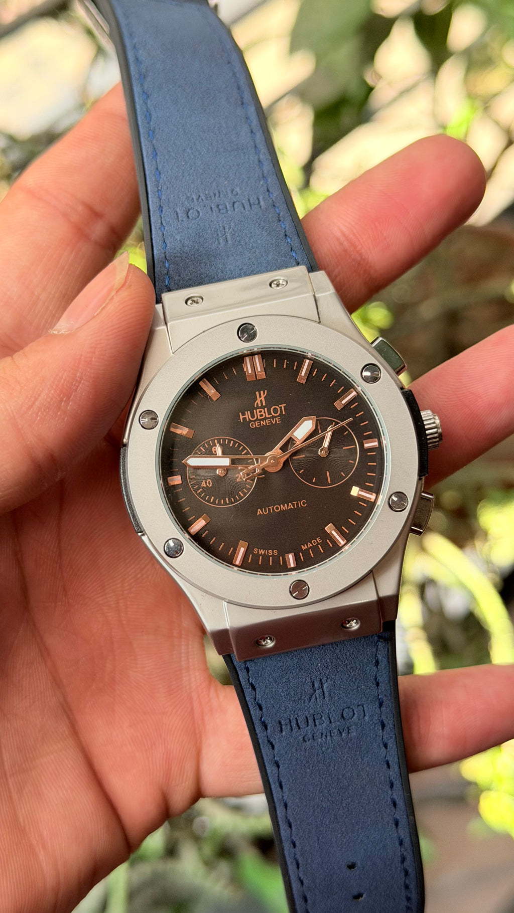Hu-blot Black Rose Gold Dial Chronograph Blue Leather Belt Watch For Men's