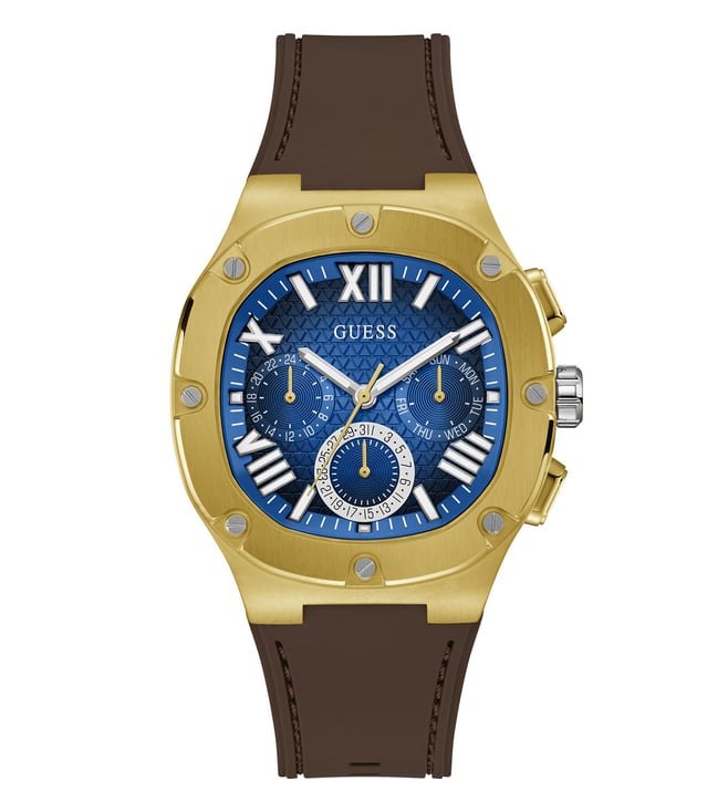 Guess Chronograph Blue Dial Brown Silicone Men's Watch