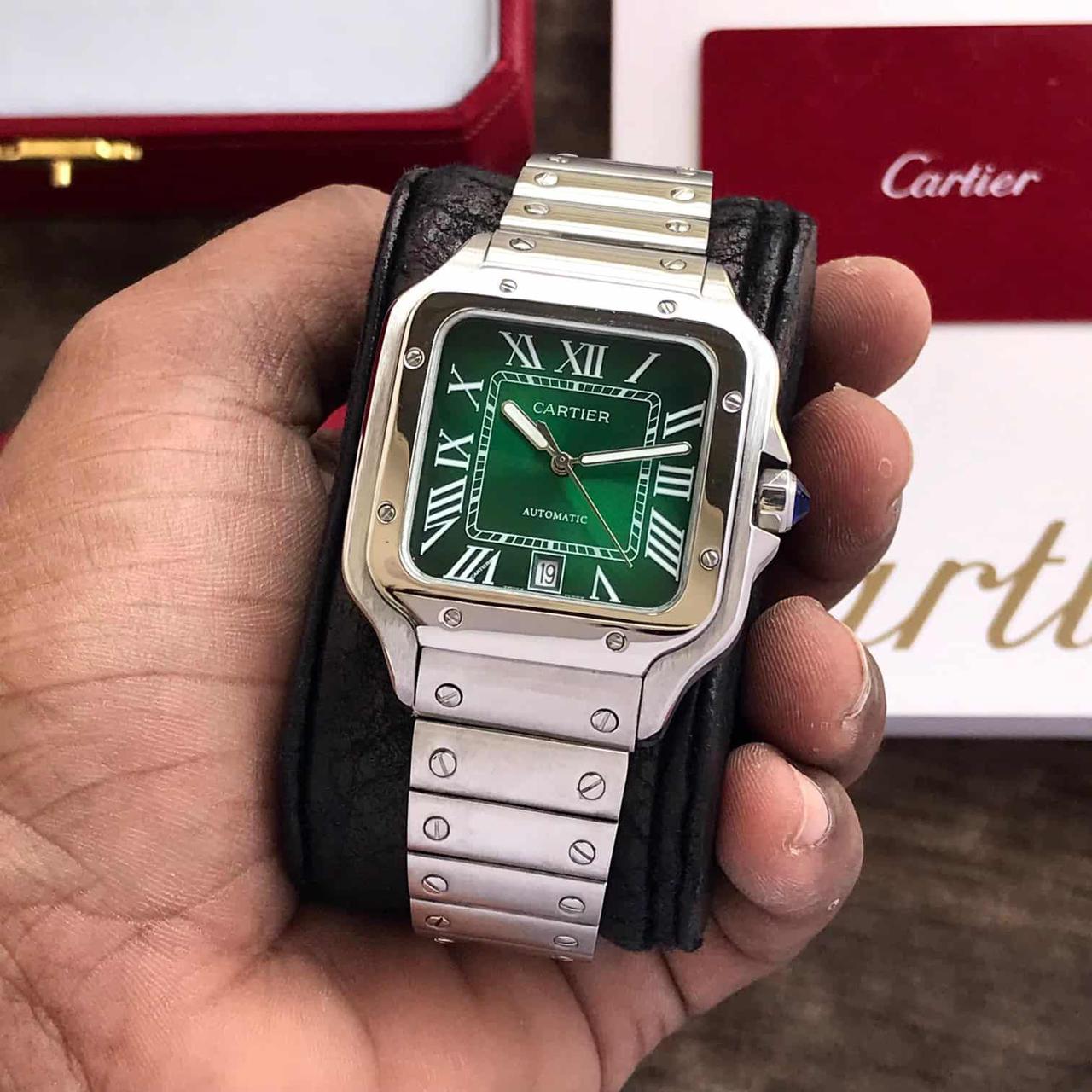 Cartier Santos de Automatic Square Green Dial Metal Belt Watch For Men's