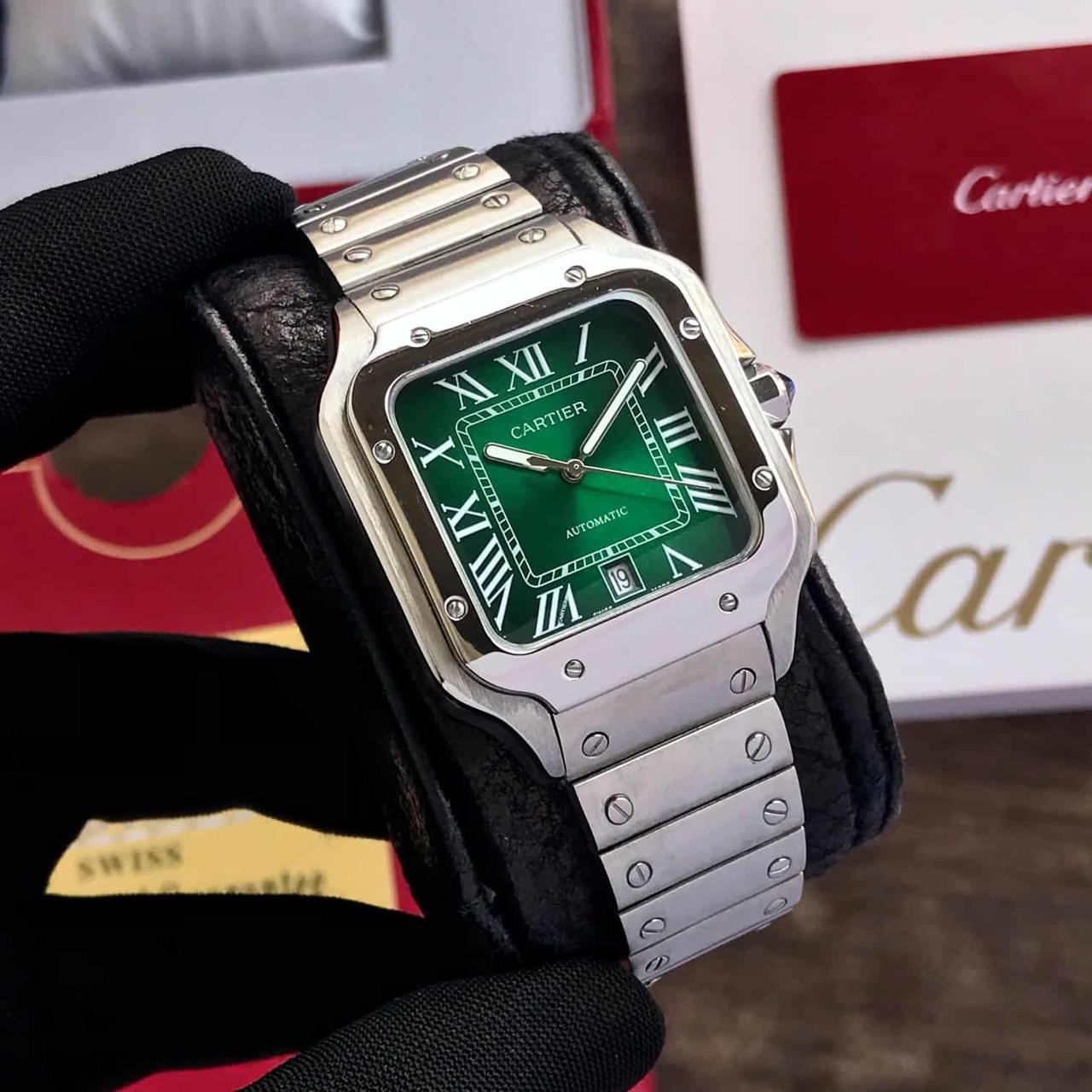 Cartier Santos de Automatic Square Green Dial Metal Belt Watch For Men's